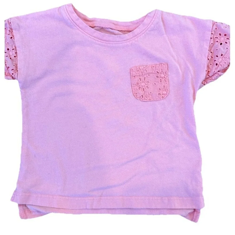 Genuine OshKosh B'gosh Pink Floral Eyelet Sleeve Pocket TShirt Toddler Girls 12M